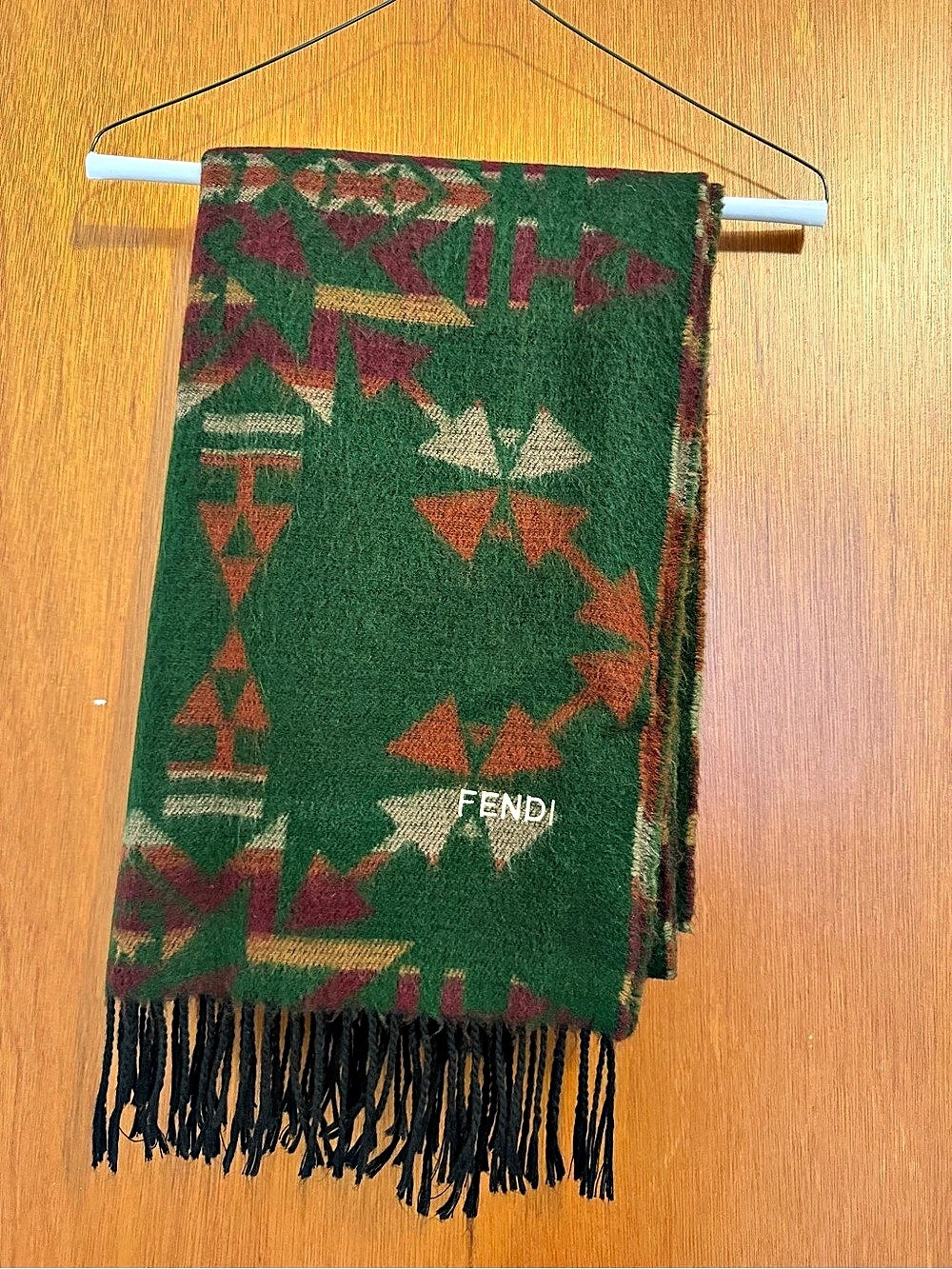 Fendi Geometric Fringe Scarf in Green & Red 20 x 72 .